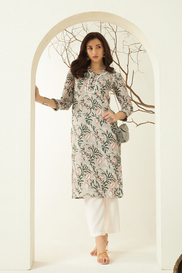 Saya – Grey Floral Printed Straight Kurta With Palazzo Set