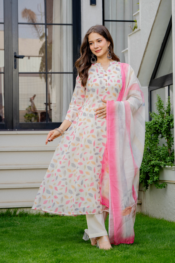 Meeranshi Pink Floral Leaf Print 3-Piece Kurta Set