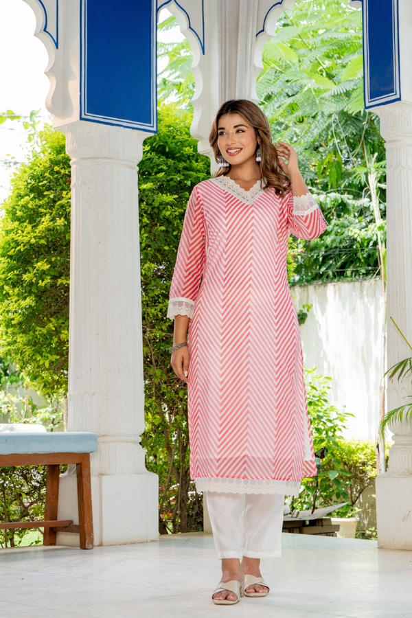 Pink & White Chevron Kurta Set with Lace Detailing