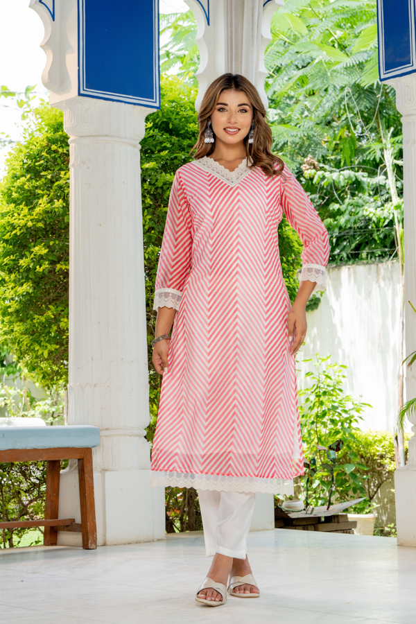 Pink & White Chevron Kurta Set with Lace Detailing