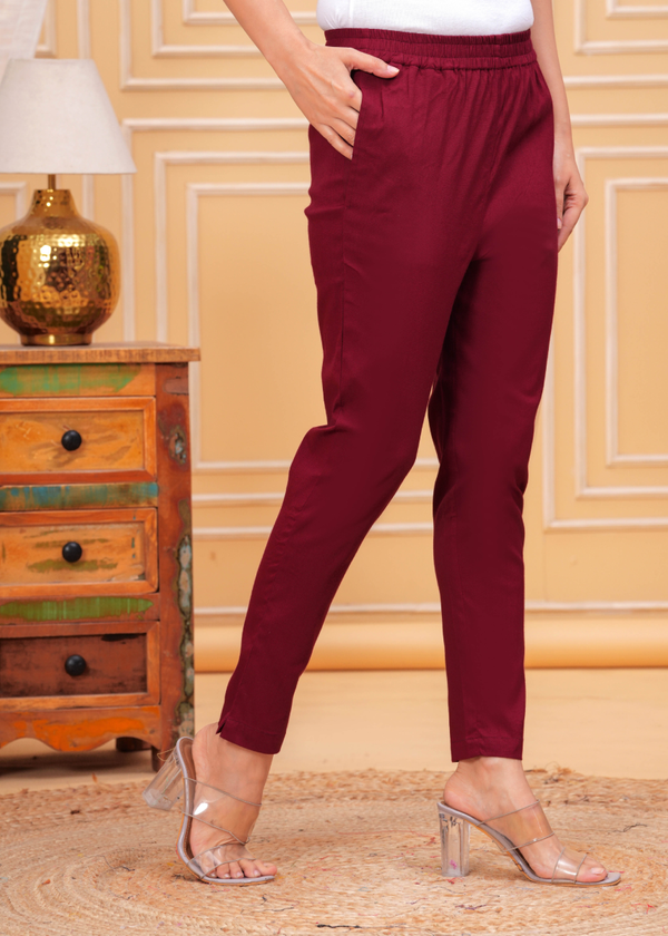 Women Maroon Solid Straight-Fit Ankle-Length Trousers