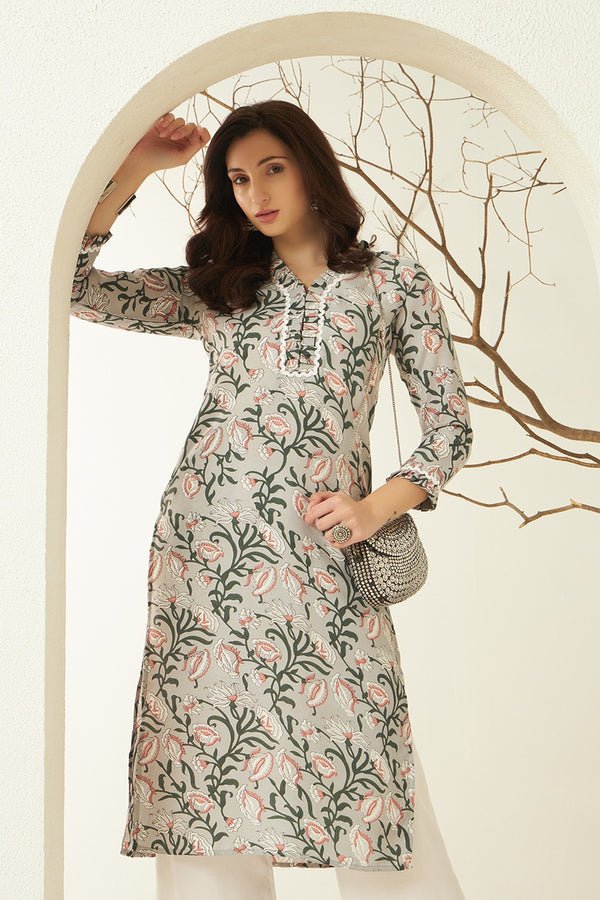 Saya – Grey Floral Printed Straight Kurta