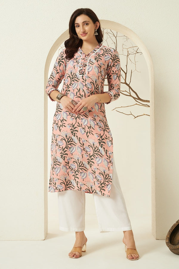 Saya – Peach Floral Printed Straight Kurta With Palazzo Set