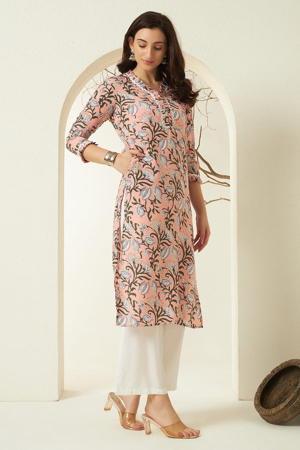 Saya – Peach Floral Printed Straight Kurta