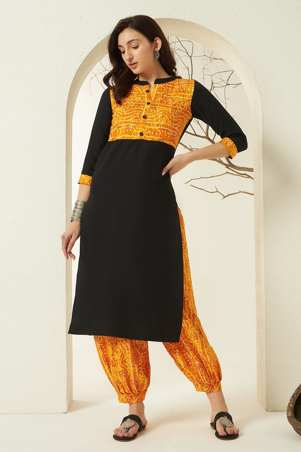 Ethnic Motifs Black Yellow Colourblocked Regular Kurta with Harem Pants