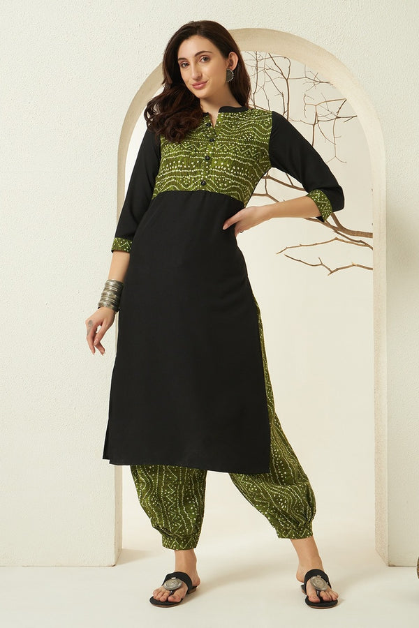 Ethnic Motifs Black Green Colourblocked Regular Kurta with Harem Pants