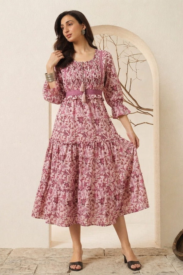 Gulrukh – Pink Floral Printed Tiered Midi Dress