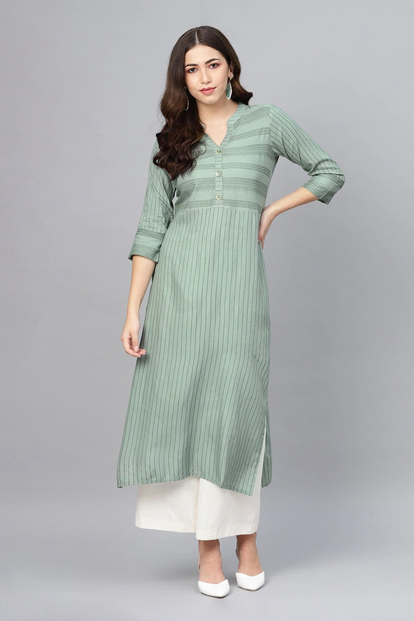 Printed  Sage Green Striped Straight Kurta