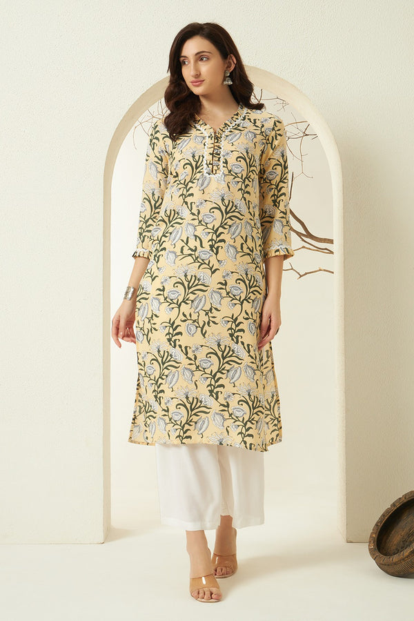 Saya – Yellow Floral Printed Straight Kurta With Palazzo Set