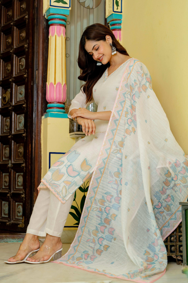 Gulnaar - Ivory Pastel Tulip Printed Kurta Pant Set with Dupatta