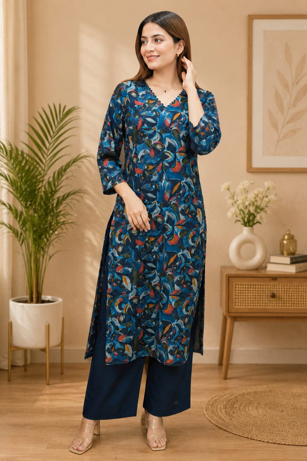 Meher – Blue Abstract Printed Straight Kurta with Pant Set