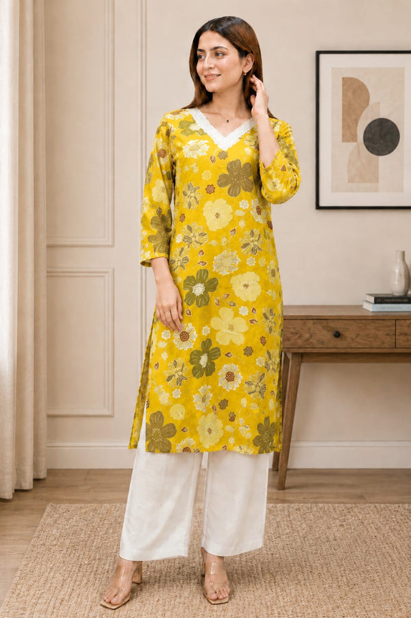 Meher – Mustard Yellow Floral Printed Straight Kurti