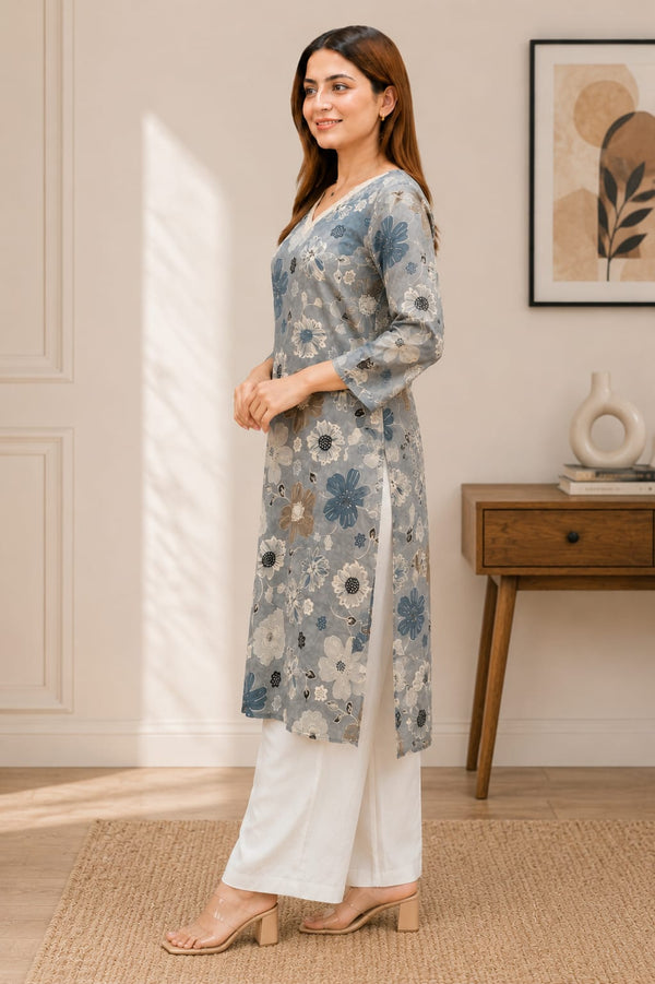 Meher – Grey Floral Printed Straight Kurti