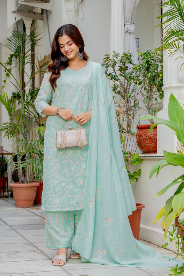 Women Embroidered Straight Kurta Set - Sea Green