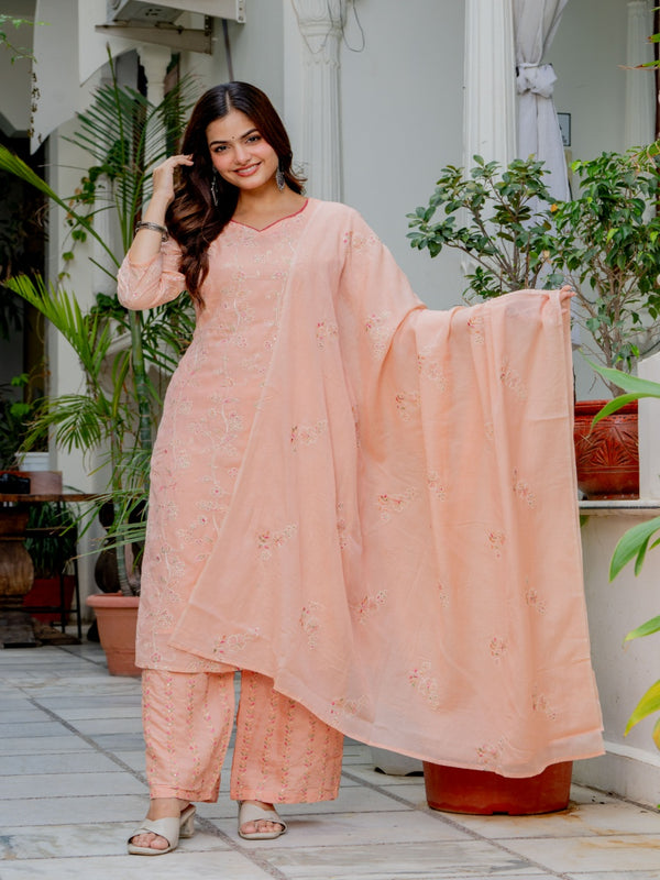 Women Embroidered Straight Kurta Set - Peach